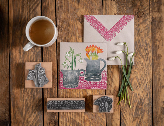 Flowers and Jug Rubber Stamps, flower Rubber Stamp, jug stamp, craft stamp, noolibird stamp, spring stamp - Noolibird