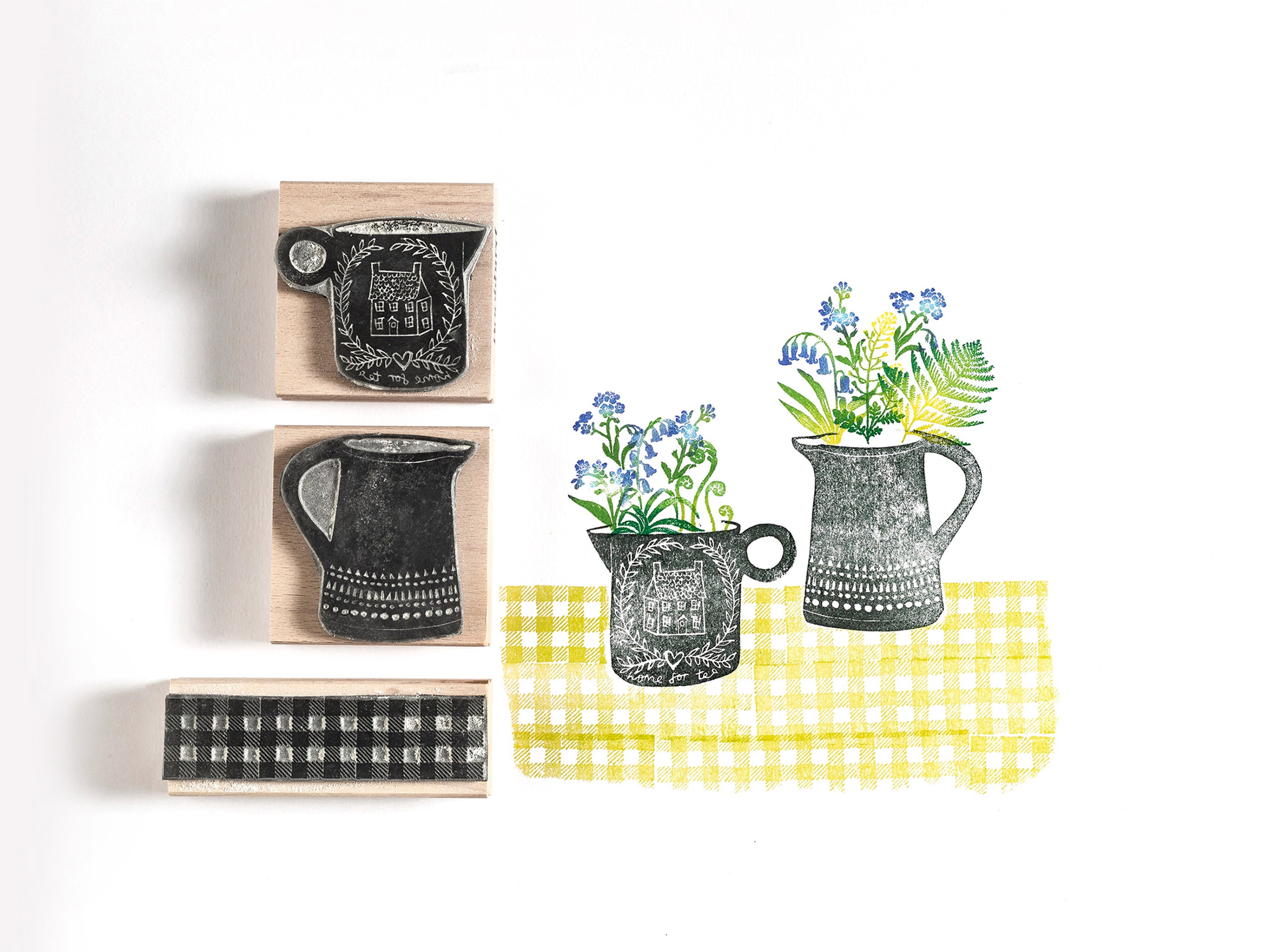 Flowers and Jug Rubber Stamps, flower Rubber Stamp, jug stamp, craft stamp, noolibird stamp, spring stamp - Noolibird