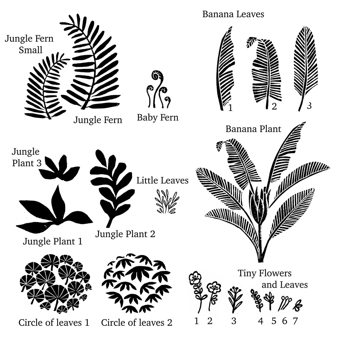 Elephant Rubber Stamp and Jungle Leaves - Noolibird