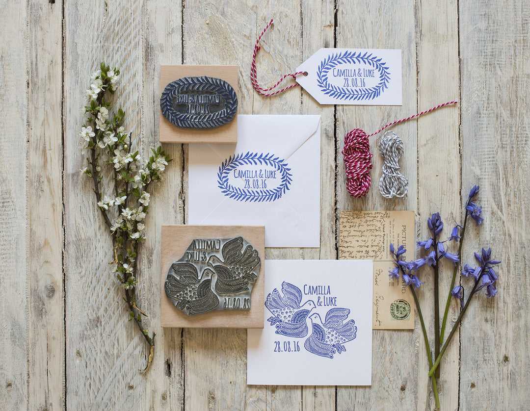 Personalised Lino Cut Love Birds Rubber Stamp - Noolibird