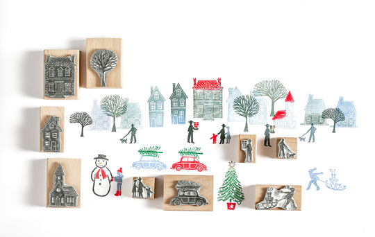 Tiny Town Christmas Rubber Stamps , Christmas Stamps, House Stamps, town stamp, people stamps - Noolibird