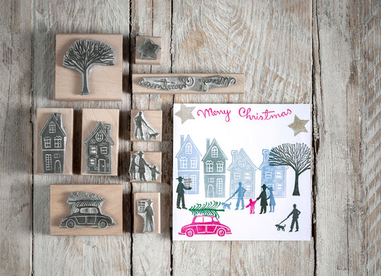 Tiny Town Christmas Rubber Stamps , Christmas Stamps, House Stamps, town stamp, people stamps - Noolibird
