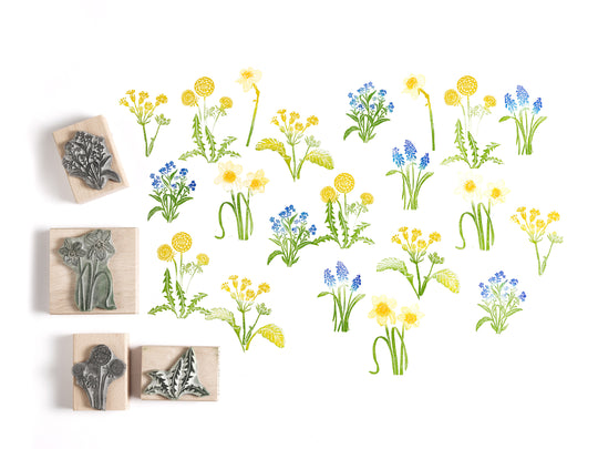 Springtime Flower Rubber Stamps, Wild Flower Stamps, Dandelion Stamp, Forget-me-not stamp, stamp for card making - Noolibird