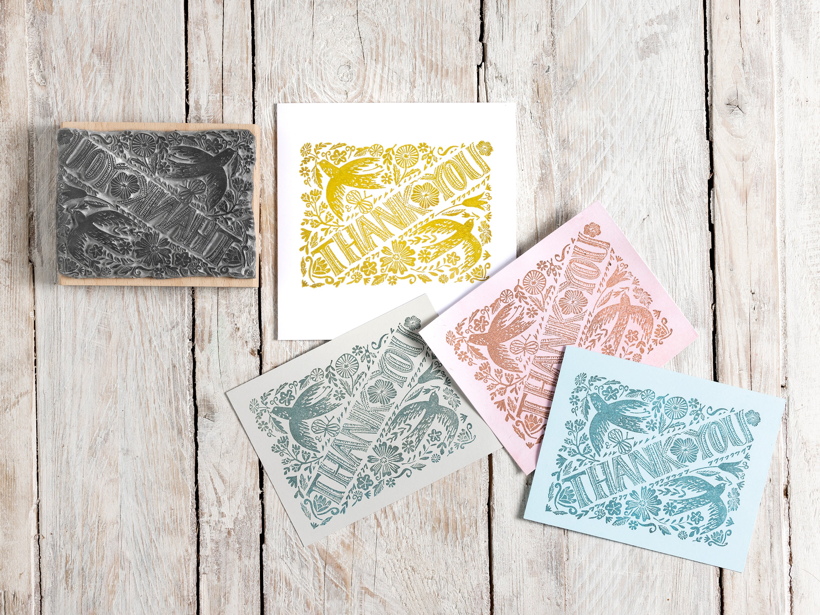 Thank You  Rubber Stamp with Birds and Flowers - Noolibird