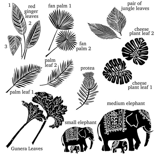 Elephant Rubber Stamp and Jungle Leaves - Noolibird