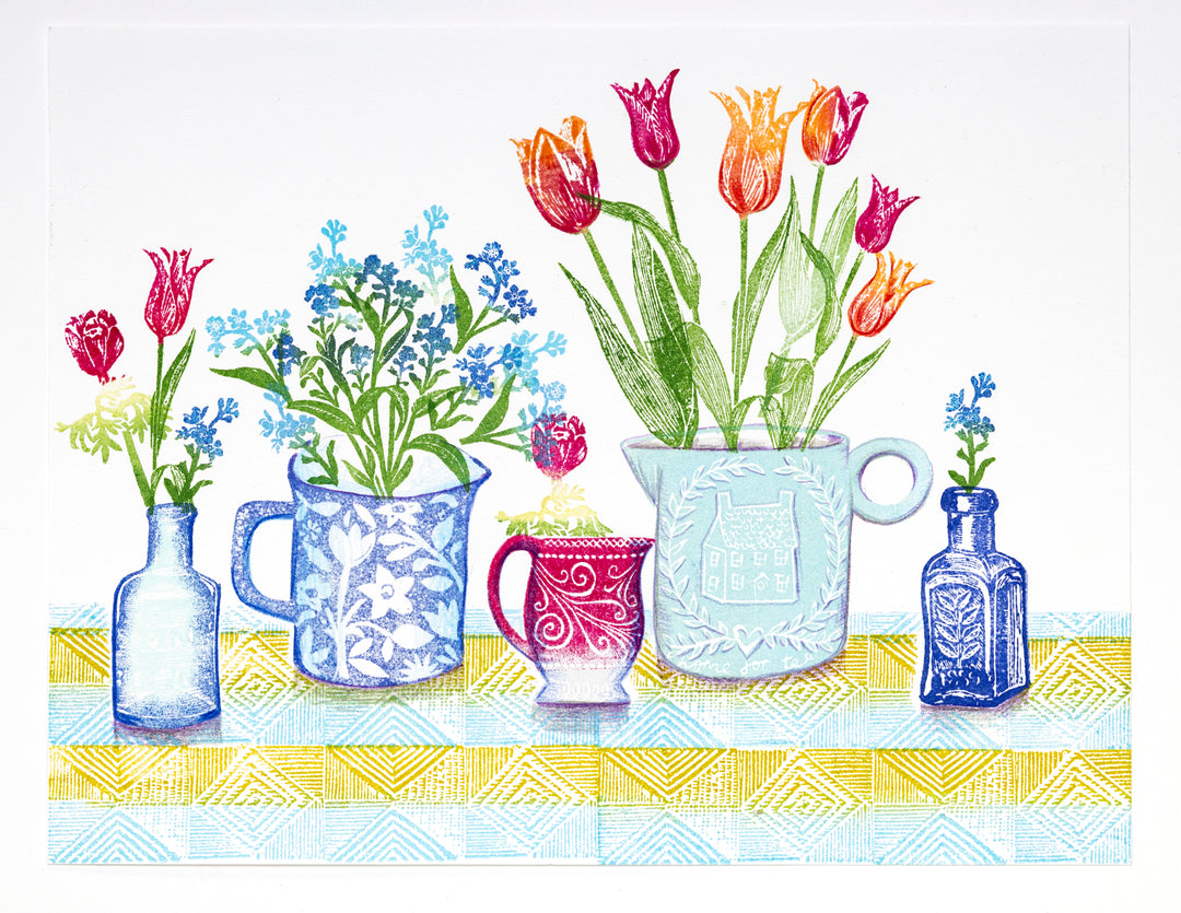 Flowers and Jug Rubber Stamps, flower Rubber Stamp, jug stamp, craft stamp, noolibird stamp, spring stamp - Noolibird
