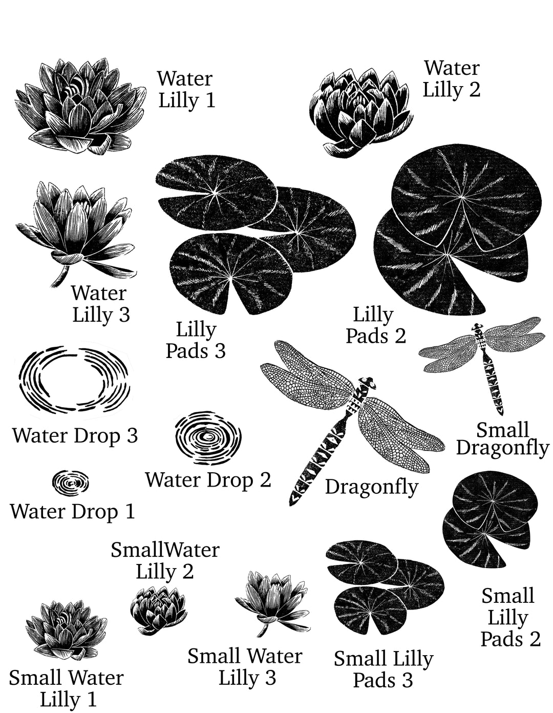 Water Lily and Dragonfly Rubber Stamps - Noolibird